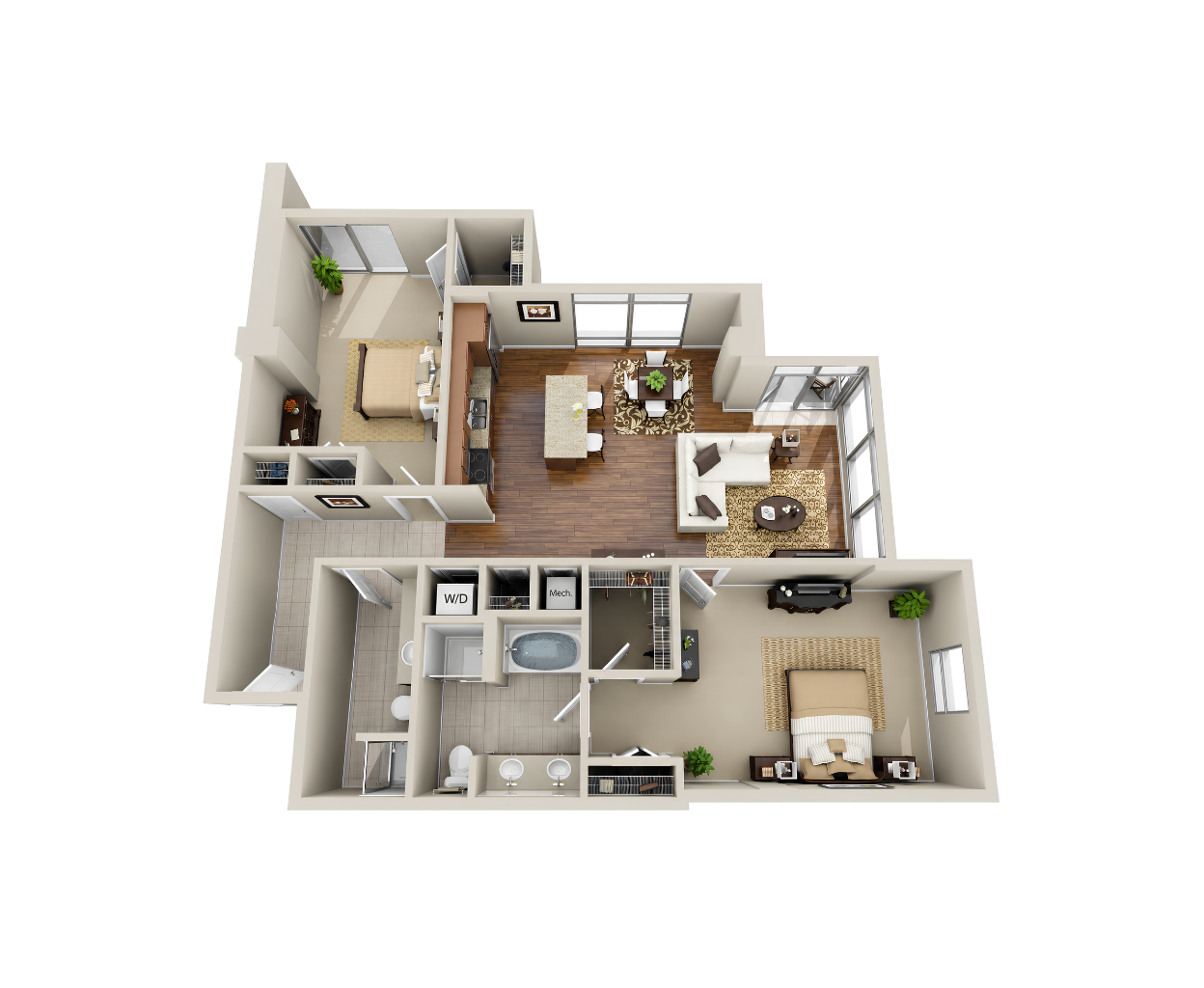 Floor plan for 2 beds, 2 baths, 1271 sqft